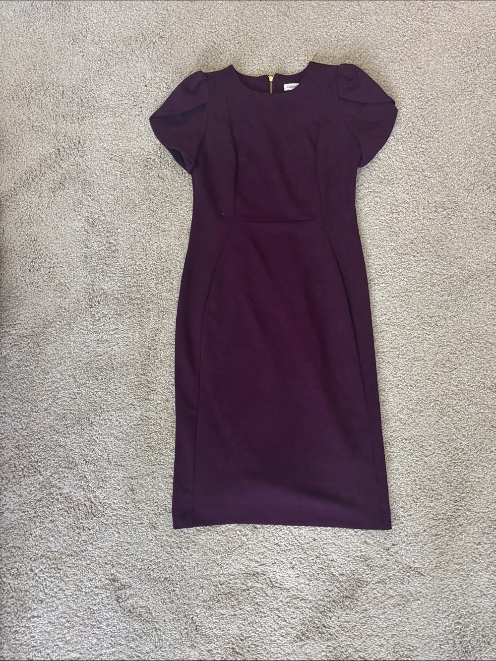 Calvin Klein Plum Sheath Cocktail Midi Dress with Puff Sleeves